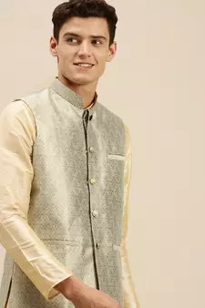 Sanwara Men's Steel Green Printed Art Silk Ethnic Bandi Jacket