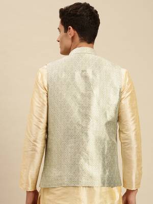 Sanwara Men's Steel Green Printed Art Silk Ethnic Bandi Jacket 4