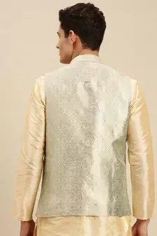 Sanwara Men's Steel Green Printed Art Silk Ethnic Bandi Jacket
