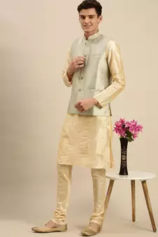 Sanwara Men's Steel Green Printed Art Silk Ethnic Bandi Jacket