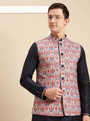 Sanwara Men's Deep blue Printed Art Silk Ethnic Bandi Jacket 1