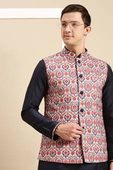 Sanwara Men's Deep blue Printed Art Silk Ethnic Bandi Jacket