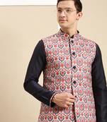 Sanwara Men's Deep blue Printed Art Silk Ethnic Bandi Jacket