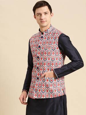 Sanwara Men's Deep blue Printed Art Silk Ethnic Bandi Jacket 2