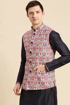 Sanwara Men's Deep blue Printed Art Silk Ethnic Bandi Jacket