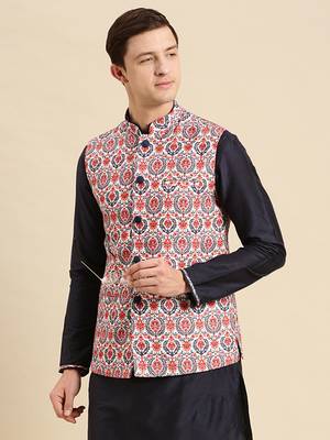 Sanwara Men's Deep blue Printed Art Silk Ethnic Bandi Jacket 3