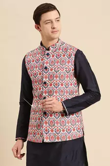 Sanwara Men's Deep blue Printed Art Silk Ethnic Bandi Jacket