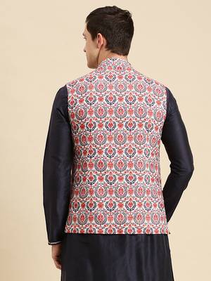 Sanwara Men's Deep blue Printed Art Silk Ethnic Bandi Jacket 4