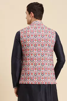 Sanwara Men's Deep blue Printed Art Silk Ethnic Bandi Jacket