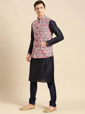 Sanwara Men's Deep blue Printed Art Silk Ethnic Bandi Jacket 5