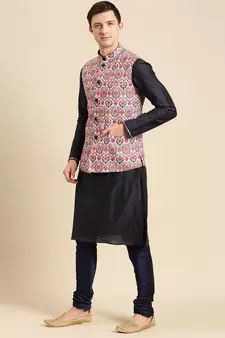 Sanwara Men's Deep blue Printed Art Silk Ethnic Bandi Jacket
