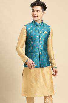 Sanwara Men's Firozi Printed Art Silk Ethnic Bandi Jacket