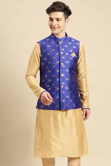 Sanwara Men's Ink Blue Printed Art Silk Ethnic Bandi Jacket