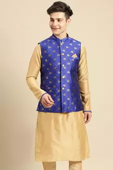 Sanwara Men's Ink Blue Printed Art Silk Ethnic Bandi Jacket