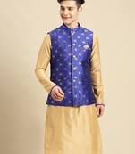 Sanwara Men's Ink Blue Printed Art Silk Ethnic Bandi Jacket