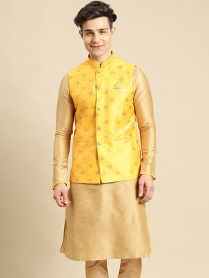 Sanwara Men's Yellow Printed Art Silk Ethnic Bandi Jacket 1