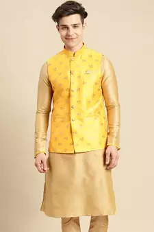 Sanwara Men's Yellow Printed Art Silk Ethnic Bandi Jacket