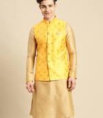 Sanwara Men's Yellow Printed Art Silk Ethnic Bandi Jacket