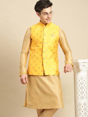 Sanwara Men's Yellow Printed Art Silk Ethnic Bandi Jacket 2