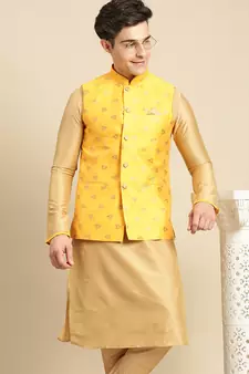Sanwara Men's Yellow Printed Art Silk Ethnic Bandi Jacket