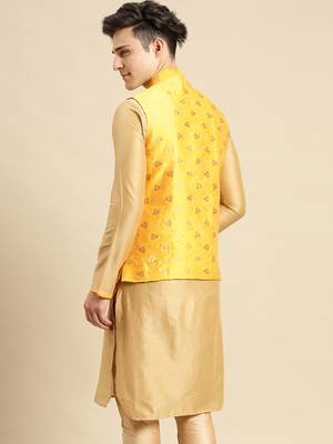 Sanwara Men's Yellow Printed Art Silk Ethnic Bandi Jacket 3