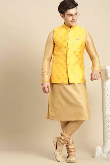 Sanwara Men's Yellow Printed Art Silk Ethnic Bandi Jacket