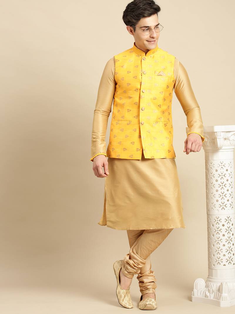 Sanwara Men's Yellow Printed Art Silk Ethnic Bandi Jacket