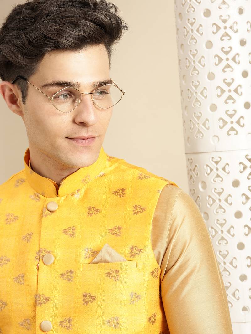 Sanwara Men's Yellow Printed Art Silk Ethnic Bandi Jacket