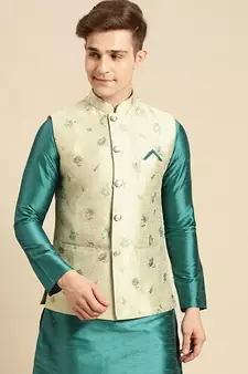 Sanwara Men's Green Printed Art Silk Ethnic Bandi Jacket