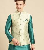 Sanwara Men's Green Printed Art Silk Ethnic Bandi Jacket