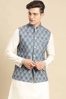 Sanwara Men's Denim Color Printed Art Silk Ethnic Bandi Jacket