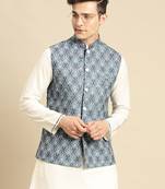 Sanwara Men's Denim Color Printed Art Silk Ethnic Bandi Jacket