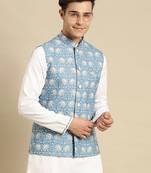 Sanwara Men's Light Blue Printed Art Silk Ethnic Bandi Jacket