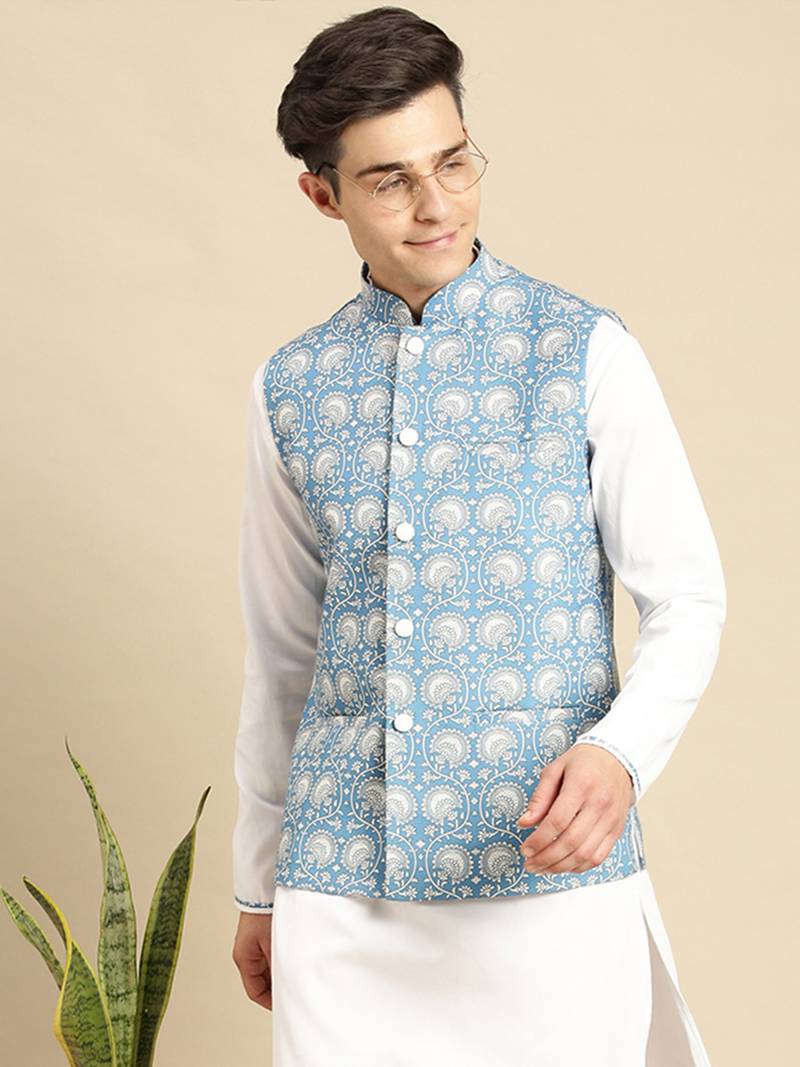 Sanwara Men's Light Blue Printed Art Silk Ethnic Bandi Jacket