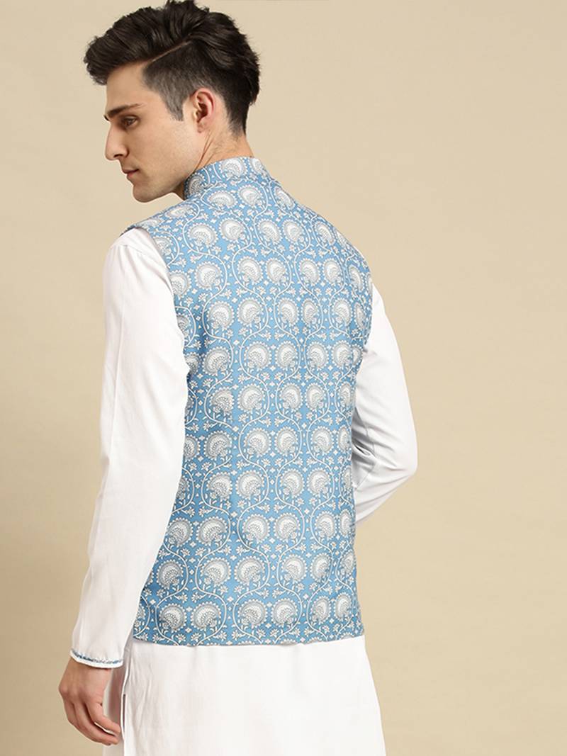 Sanwara Men's Light Blue Printed Art Silk Ethnic Bandi Jacket