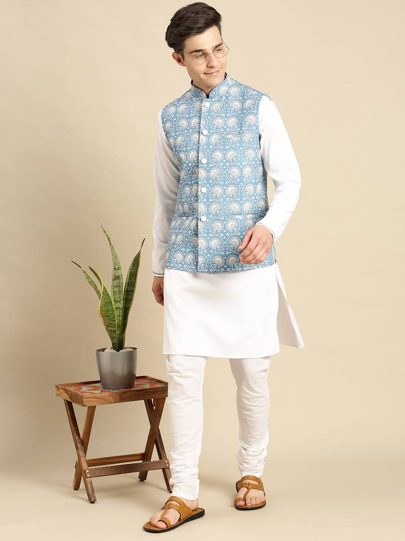 Sanwara Men's Light Blue Printed Art Silk Ethnic Bandi Jacket