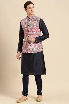 Sanwara Men's Printed Solid Art Silk Multi Color Jacket And Kurta Set