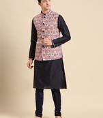 Sanwara Men's Printed Solid Art Silk Multi Color Jacket And Kurta Set