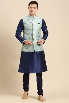 Sanwara Men's Printed Solid Art Silk Light Green Jacket And Kurta Set