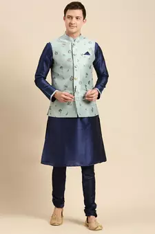 Sanwara Men's Printed Solid Art Silk Light Green Jacket And Kurta Set
