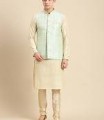 Sanwara Men's Printed Solid Jacquard Light Rama Green Jacket And Kurta Set