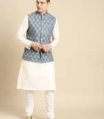 Sanwara Men's Printed Solid Cotton Denim Jacket And Kurta Set