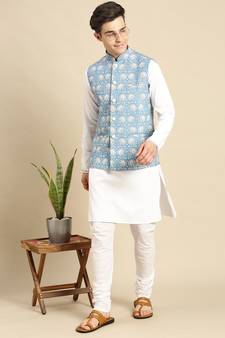 Sanwara Men's Printed Solid Jacquard Light Blue Jacket And Kurta Set