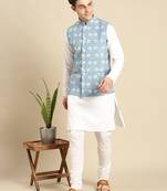 Sanwara Men's Printed Solid Jacquard Light Blue Jacket And Kurta Set