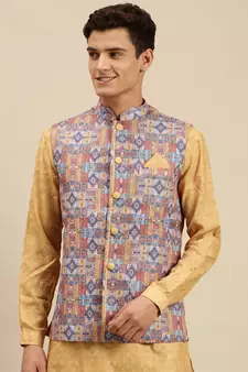 Sanwara Men's Printed Art Silk Multi Color Jacket And Kurta Set