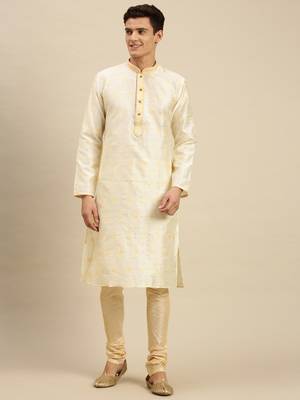 Sanwara Men Cream Jacquard Woven Design Kurta Pyjama 1