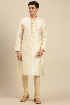 Sanwara Men Cream Jacquard Woven Design Kurta Pyjama