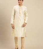 Sanwara Men Cream Jacquard Woven Design Kurta Pyjama