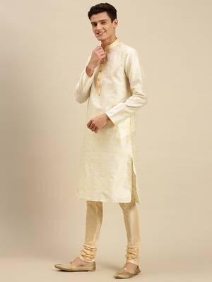 Sanwara Men Cream Jacquard Woven Design Kurta Pyjama 2