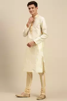 Sanwara Men Cream Jacquard Woven Design Kurta Pyjama